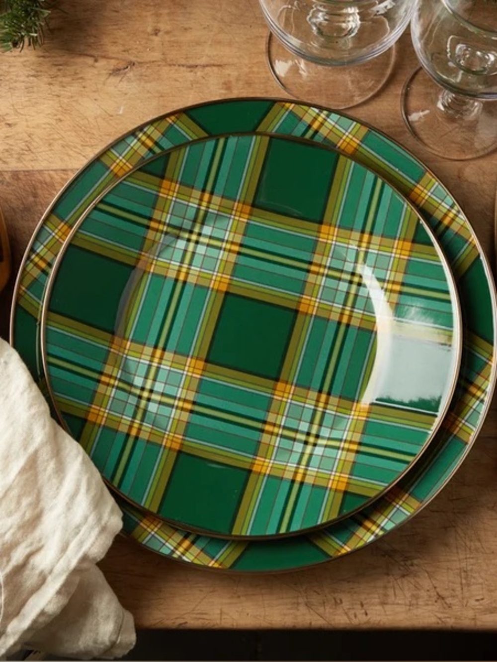 MacKenzie-Childs Tartan Green Salad Plates 8” Enamelware Set of 4 Plaid New